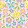 Yellow, Cyan, pink and purple flowers seamless pattern on pink box background vector design for fabric clothes background