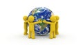 Yellow 3D Figures Holding a Globe of Earth on a White Background world planet Royalty Free Stock Photo