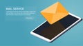 Yellow 3d vector mail icon and smartphone. Isometric email sending illustration. Mailing letters service concept