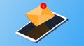 Yellow 3d vector mail and smartphone. Isometric email inbox notice illustration. Notification letters service concept background