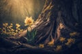 Yellow daffodil growing near old tree trunk in forest. Royalty Free Stock Photo