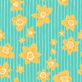 Yellow daffodil heads on irregular hand drawn striped background. Seamless vector pattern