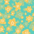 Yellow daffodil heads layered with a transparent effect on a blue background. Seamless vector pattern