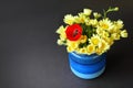 Yellow daisies and single red Poppy flower in a rustic blue pot against dark gray background. Simple romantic lovely bouquet of a Royalty Free Stock Photo