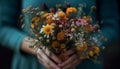 Yellow daisy bouquet held by woman, celebrating nature beauty generated by AI