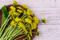 Yellow dandelion flowers in wicker basket on white wooden background. Top view Royalty Free Stock Photo