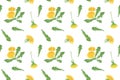 Yellow dandelion spring flower watercolor illustration repeat pattern, blooming flower with green leaves on the white background,