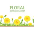 Yellow dandelions and green grass seamless border. Vector illustration of  meadow of spring flowers Royalty Free Stock Photo