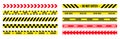 Yellow danger barriers. Warning red lines. Police adhesive tapes. Security caution ribbons. Attention barricades