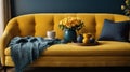 Yellow and Dark Grey Interior Room Design: Bright Comfortable Sofa with Pillows and warm plaids, coffee cup, clay Vases with Fresh Royalty Free Stock Photo