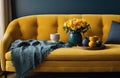 Yellow and Dark Grey Interior Room Design: Bright Comfortable Sofa with Pillows and warm plaids, coffee cup, clay Vases with Fresh Royalty Free Stock Photo