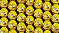 Yellow Daruma dolls on black background.