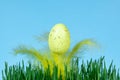 Yellow decorative Easter egg with feathers in green grass on a blue background. Easter concept Royalty Free Stock Photo