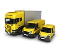 Yellow delivery cars on a white background.3D illustration