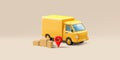Yellow delivery truck with carton boxes and red pin geo tag icon, 3d render illustration