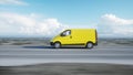 Yellow delivery van on highway. Very fast driving. Transport and logistic concept. 3d rendering. Royalty Free Stock Photo