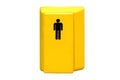 Yellow device with a button on demand with a symbol of a man to cross the road on white isolated, a pedestrian observes the