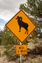 Yellow diamond shaped road sign warning about big horn sheep in the area with a graphic Royalty Free Stock Photo