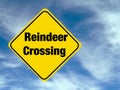 Yellow diamond shaped road warning sign with a Christmas theme concept. Reindeer Crossing text.
