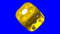 Yellow dice on blue chroma key background.