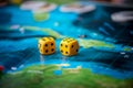 Yellow dice game on the blue field of fantasy game. Luck and excitement. Board games strategy