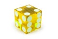 Yellow dice glass luxury closeup. Four, with a light shadow, complete clipping. Macro shooting, selective focus
