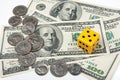 Yellow dice and money Royalty Free Stock Photo
