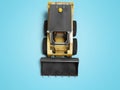 Yellow diesel loader with front bucket top view 3d render on blue background with shadow