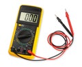 Yellow digital multimeter electronic measurement device tool with red and black cables isolated white background. Installation