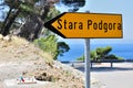 Yellow directional road sign with word Stara Podgora
