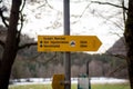 Yellow directional sign with an arrow pointing left, standing upright next to a tree