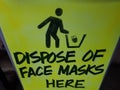 yellow dispose of face masks here sign and trash can