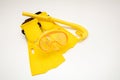 Yellow diving equipment, mask snorkel and flippers isolated on transparent background. PNG Royalty Free Stock Photo
