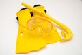 Yellow diving equipment, mask snorkel and flippers isolated on transparent background. PNG Royalty Free Stock Photo