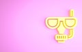 Yellow Diving mask and snorkel icon isolated on pink background. Extreme sport. Diving underwater equipment. Minimalism