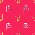 Yellow Diving mask and snorkel icon isolated seamless pattern on red background. Extreme sport. Diving underwater