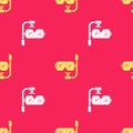 Yellow Diving mask and snorkel icon isolated seamless pattern on red background. Extreme sport. Diving underwater