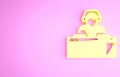 Yellow DJ wearing headphones in front of record decks icon isolated on pink background. DJ playing music. Minimalism