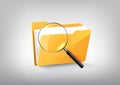 Yellow document file folder directory icon and magnified glass on white grey, transparent vector