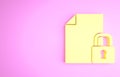 Yellow Document and lock icon isolated on pink background. File format and padlock. Security, safety, protection concept