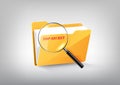 Yellow document secret file folder directory icon and magnified glass on white grey, transparent vector