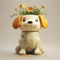 Yellow Dog Planter With Flowers - Handmade Glazed China Flowerpot Royalty Free Stock Photo