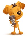 Yellow dog puppy holding coffee cup. Coffee break pleasure