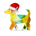 Yellow dog with red santa christmas hat in origami style icon. C