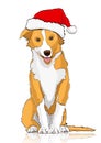 Yellow dog in the Santa Claus hat, symbol of the year 2018, vector drawing. Yellow white cartoon shaggy dog full-length Royalty Free Stock Photo