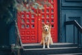 Yellow dog sitting on background of the red doors Royalty Free Stock Photo