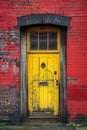 A yellow door with a black handle and window in front of red brick wall, AI Royalty Free Stock Photo