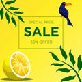 Yellow dotted texture with parrot bird, lemon slice and green leaf. Sale banner template design. 50% Big sale special offer. Royalty Free Stock Photo