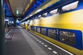 Yellow double-decker train blue