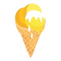 Yellow double scoop ice cream cone melting. Summer treat with dripping vanilla flavor vector illustration.